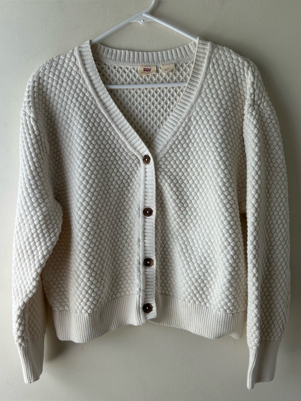 Levi’s 100% Cotton Snowflake Woven Cardigan Sweater Tofu White XL - Picture 4 of 10